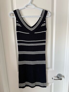 Korean brand ｜ Navy Blue & White Striped Knit V-Neck Dress|
